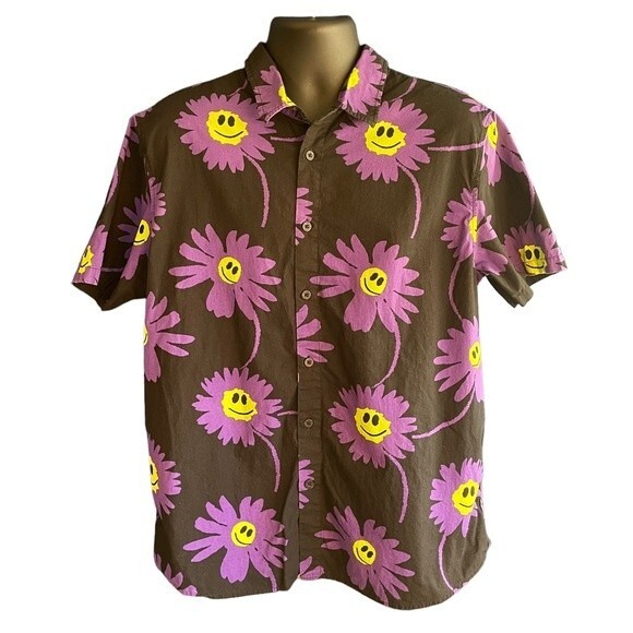 Neff Modern Black Button-Down Shirt with Purple Daisies Flowers, size XL - Picture 1 of 5